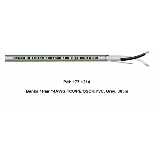  177 1214  Benka 1x2x14 AWG, Shielded twisted control cable, 300/500V, TCu/PE/OS/PVC, (305m/roll)